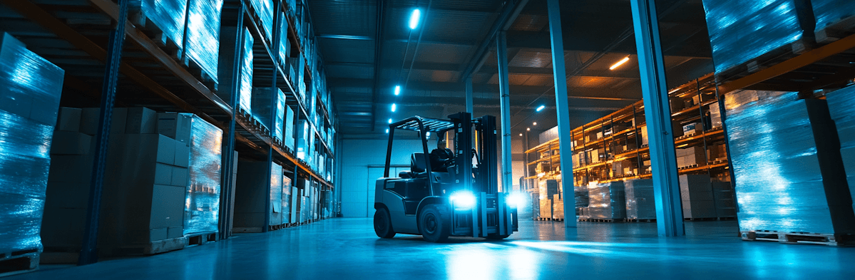 Futuristic warehouse operations at night